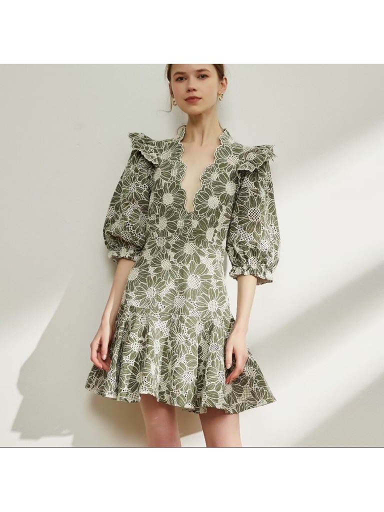 Sandro Audrey Floral Embroidered Mini Dress Xs Green White Flared Ruffle Eyelet